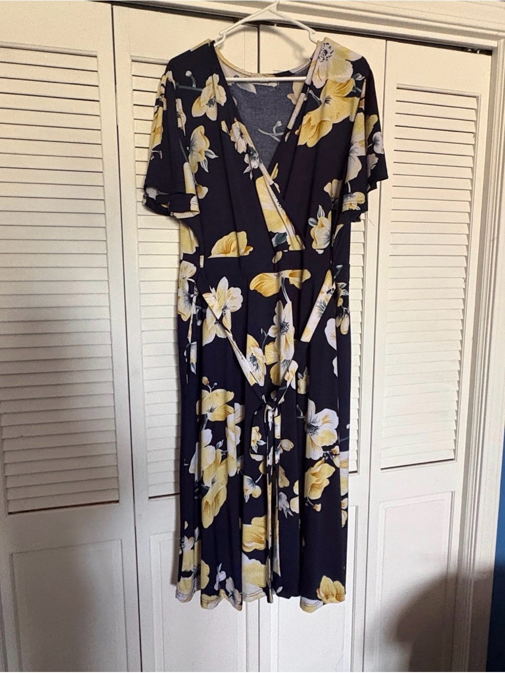Navy Floral Wrap Dress with Yellow Bloom Print
